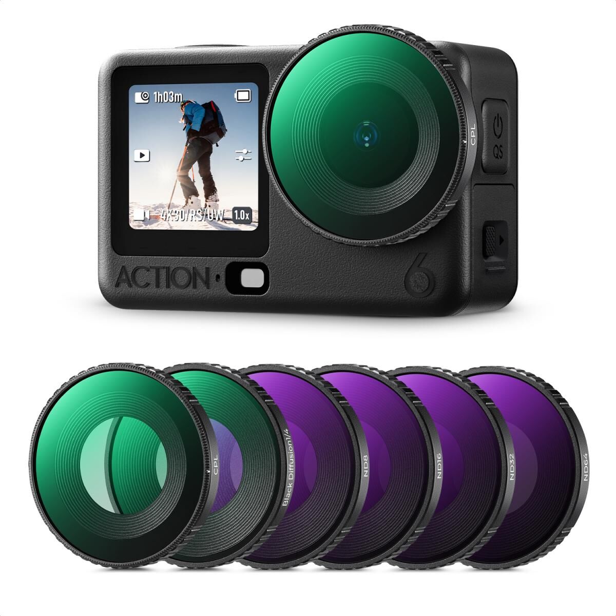 K&F Concept DJI Action 6 uyumlu Filtre Seti / CPL+ND8+ND16+ND32+ND64+Siyah Difüzyon 1/4