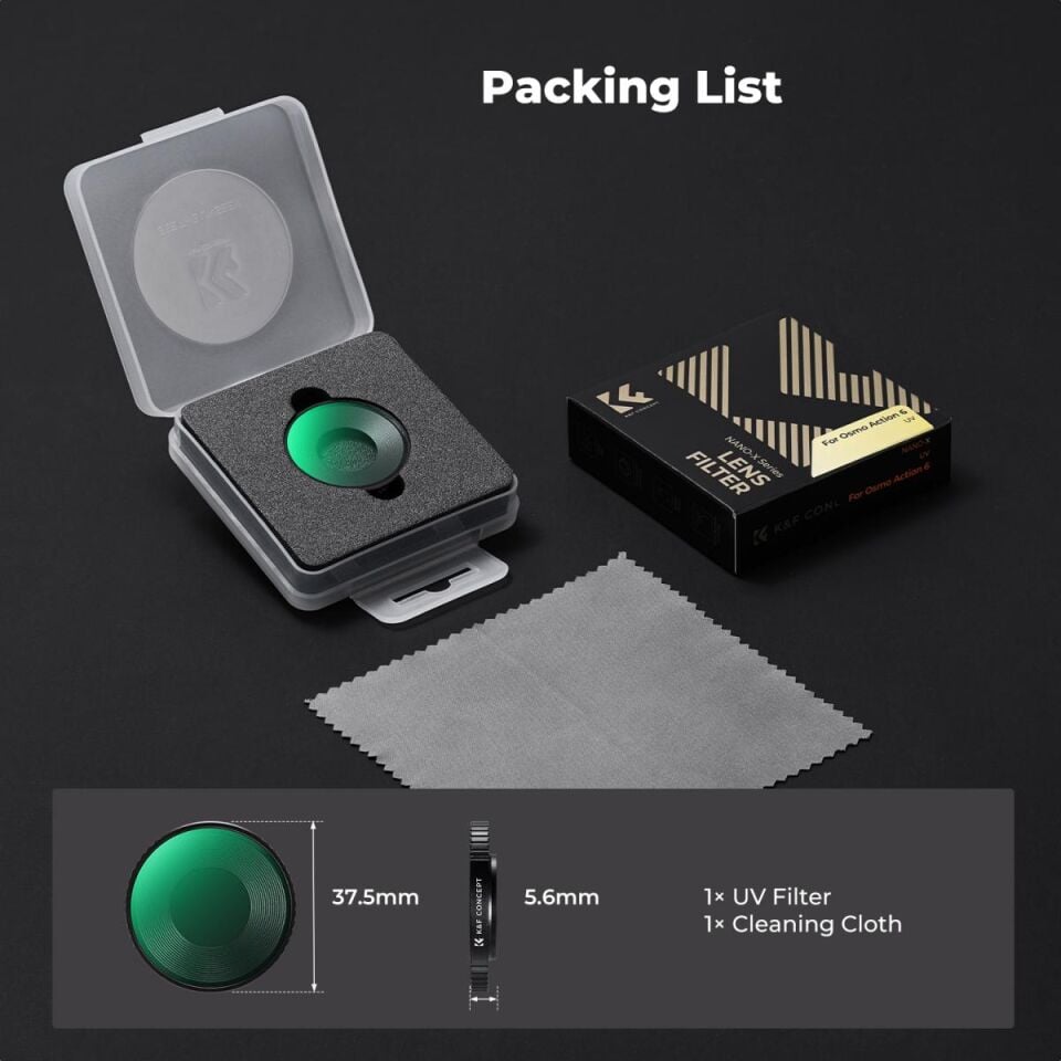 K&F CONCEPT DJI Osmo Action 6 uyumlu, UV Filtre / Nano kaplamalı HD optik cam lens korum