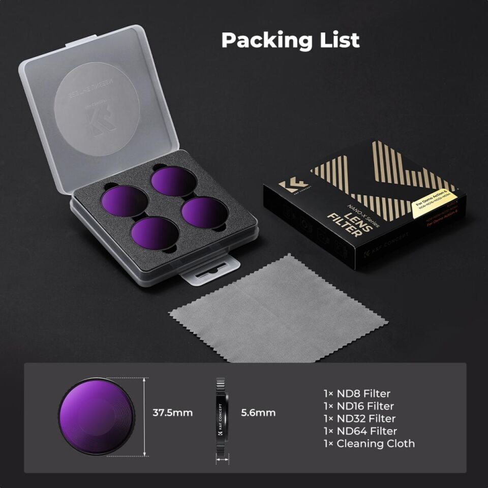 K&F CONCEPT DJI Osmo Action 6 uyumlu 4 lü ND Filtre SETİ / ND8 ND16 ND32 ND64
