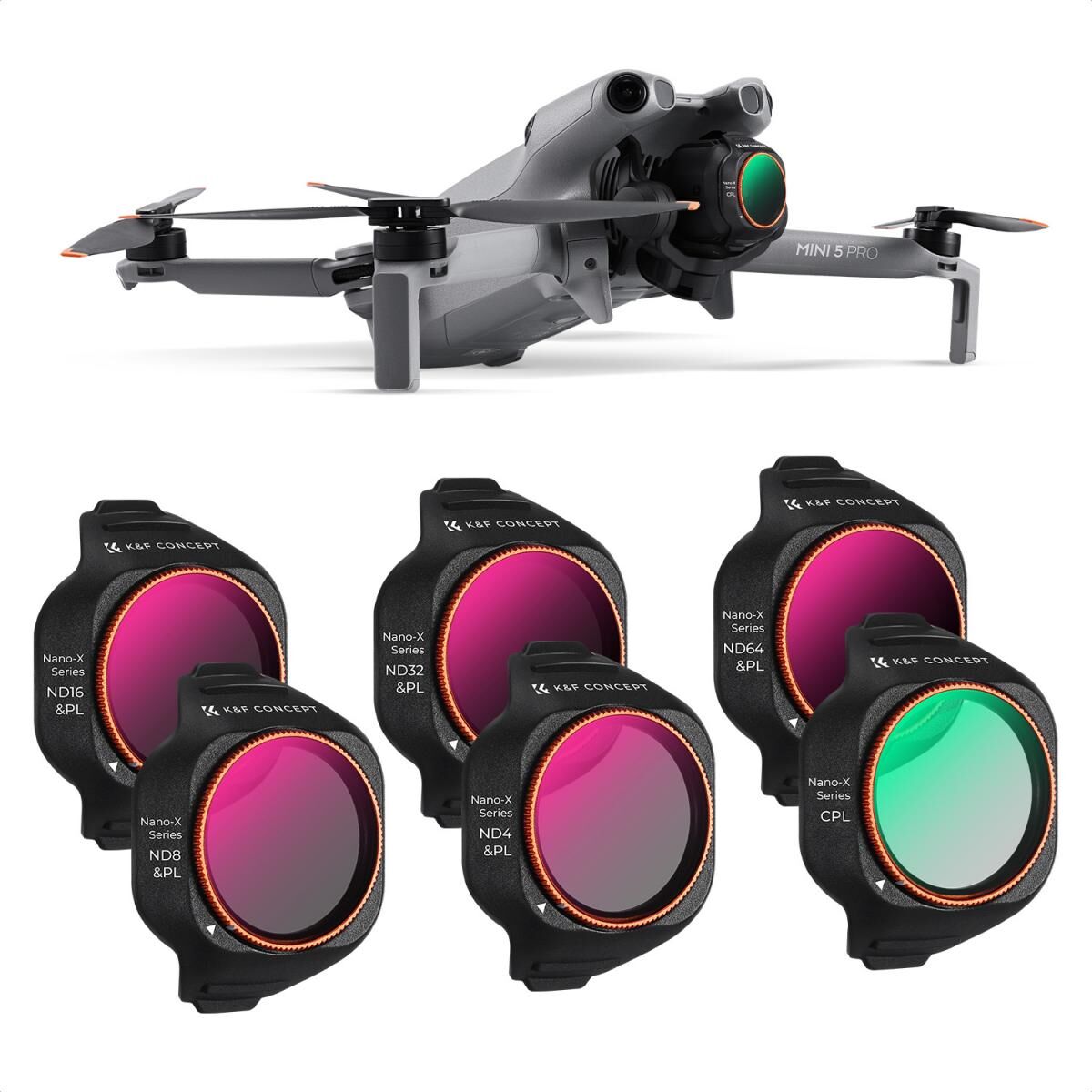 K&F CONCEPT DJI Mini 5 Pro Uyumlu 6 lı Filtre SETİ / CPL ND4&PL ND8&PL ND16&PL ND32&PL ND64&PL