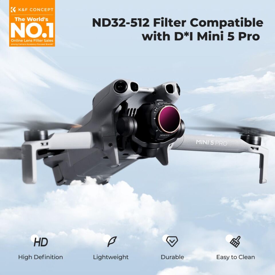 K&F CONCEPT DJI Mini 5 Pro uyumlu Değişken ND Filtre, ND32-512 ( 5-9 Stop )